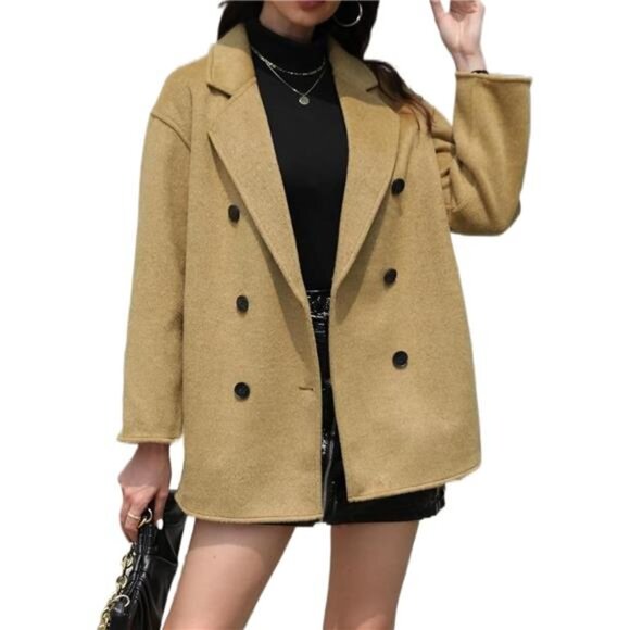 Women Wool Coat Double Breasted Khaki